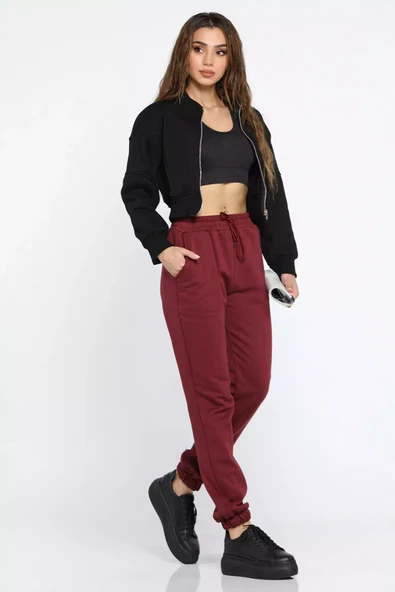 Bordo Paça Lastikli Kadın Jogger Eşofman Altı - 2