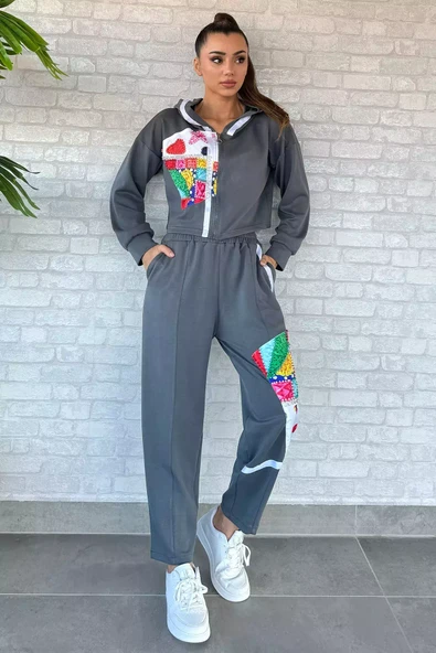 Gri Dijital Baskılı Sweat Pantolon Eşofman Takımı - 1