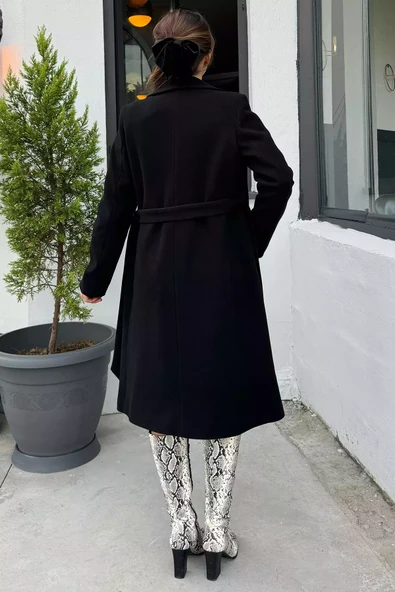 Siyah Astarlı Ön Düğmeli Kaşe Kaban - 4