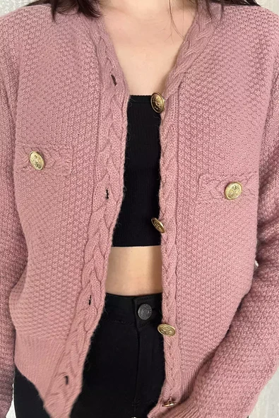 Gülkurusu Kadın Şaç Örgü Desenli Triko Hırka - 3