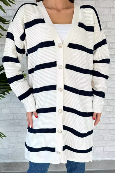 Kremlacivert Çizgili Triko Hırka - 7