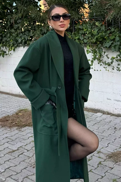 Zümrüt Yeşili Astarlı Bel Kuşaklı Kadın Kaşe Kaban - 2