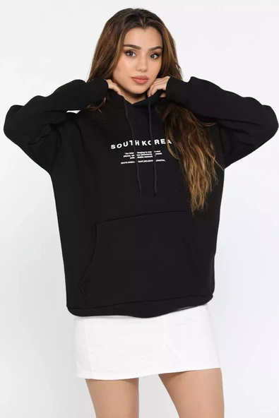 Siyah Kapüşonlu Şardonlu Yazı Baskılı Kadın Sweatshirt - 2