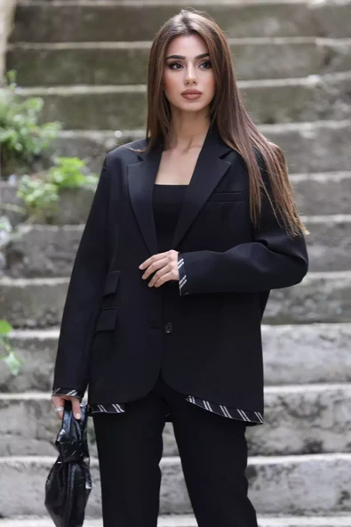Siyah Kadın Astarlı Oversize Blazer Ceket - 1