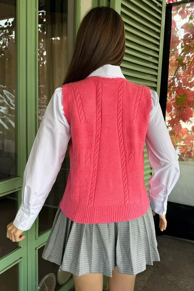 Pembe Kadın Örgü Desenli Bağlamalı Triko Yelek - 4