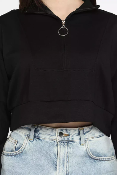 Siyah Oysho Kumaş Fermuar Detaylı Kadın Crop Top Sweatshirt - 3