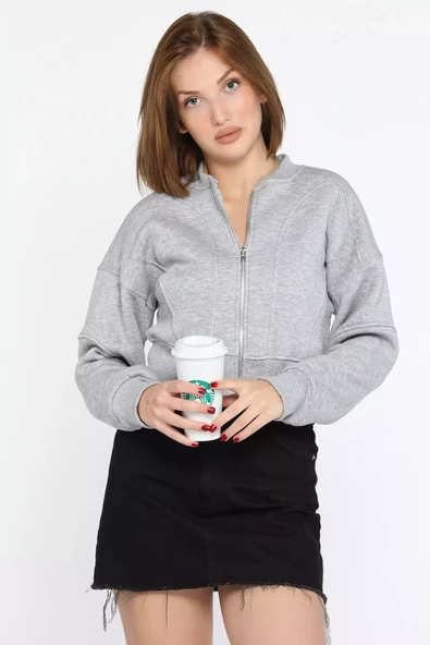 Gri Fermuarlı Crop Top Sweatshirt - 1