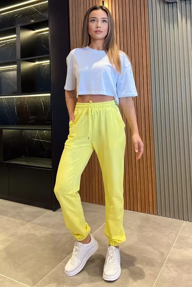 Sarı Paça Lastikli Kadın Jogger Eşofman Altı - 1