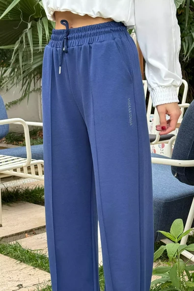 Lacivert Kadın Yüksek Bel Yazı Baskılı Çimalı Bol Paça Pantolon - 3
