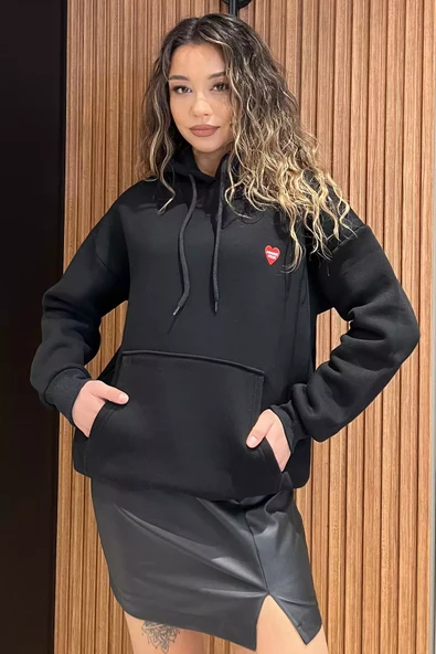 Siyah Baskılı Kanguru Cepli Kadın Sweatshirt - 2