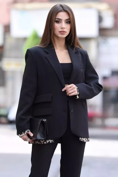 Siyah Kadın Astarlı Leopar Detaylı Oversize Blazer Ceket