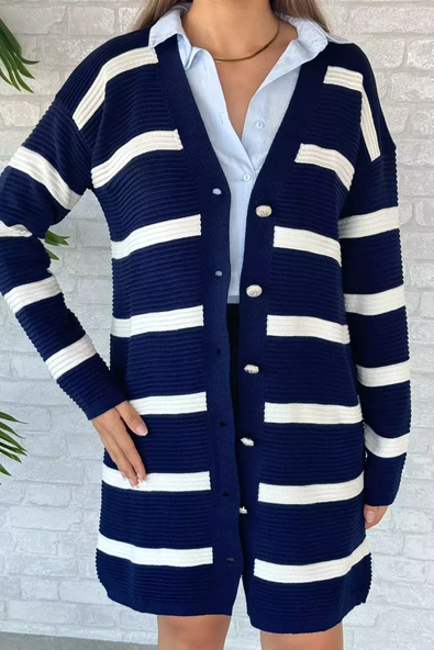Lacivertkrem Çizgili Triko Hırka - 3
