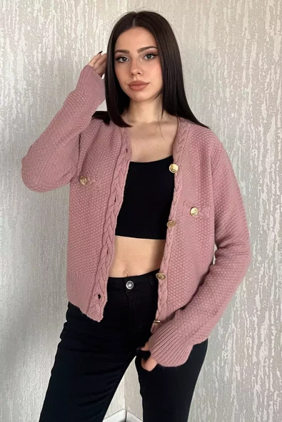 Gülkurusu Kadın Şaç Örgü Desenli Triko Hırka - 2