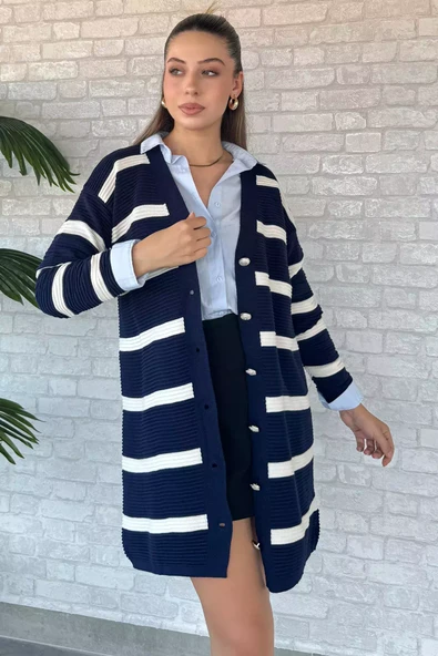 Lacivertkrem Çizgili Triko Hırka - 2