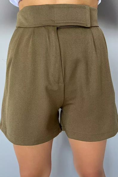 Haki Yüksek Bel Pileli Cırtlı Kadın Cepli Şort - 3