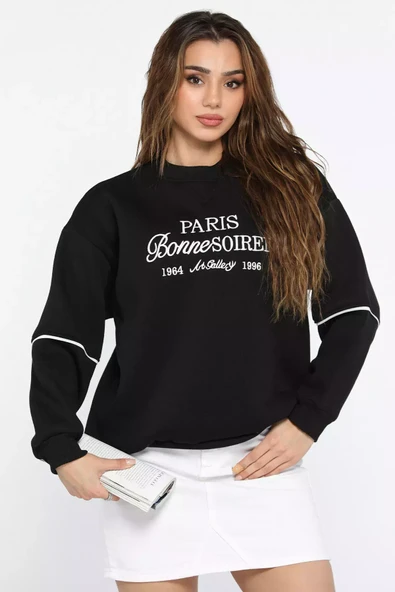 Siyah Kadın Üç İplik Şardonlu Nakışlı Sweatshirt - 1