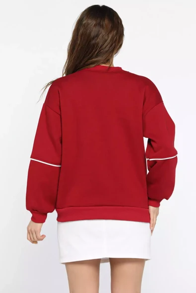 Bordo Kadın Üç İplik Şardonlu Nakışlı Sweatshirt - 3