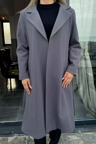 Füme Kadın Astarlı Kuşaklı Kaşe Kaban - 3