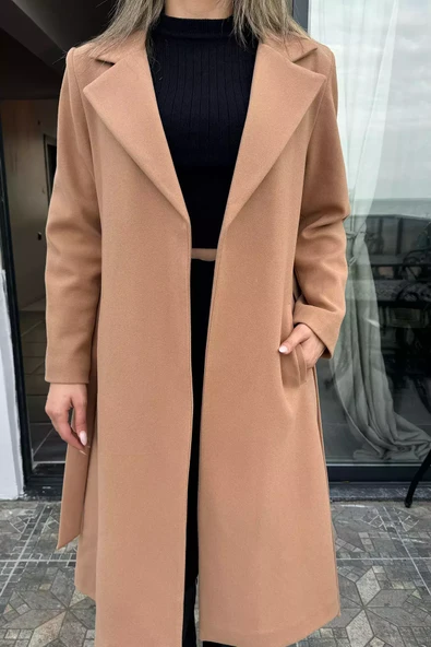Bisküvi Kadın Astarlı Kuşaklı Kaşe Kaban - 3