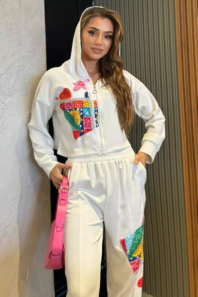 Krem Dijital Baskılı Sweat Pantolon Eşofman Takımı - 2