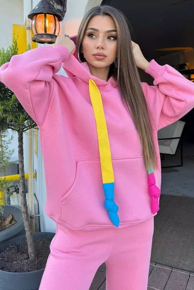 Pembe Kadın Kapüşonlu Renkli Şeritli Şardonlu Sweatshirt - 2
