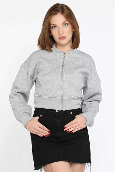 Gri Fermuarlı Crop Top Sweatshirt - 2