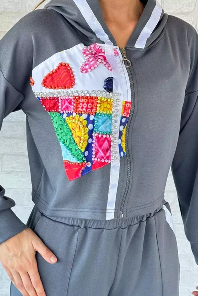 Gri Dijital Baskılı Sweat Pantolon Eşofman Takımı - 3