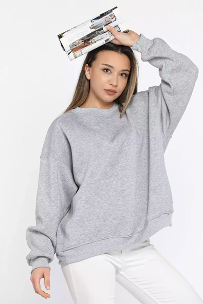 Gri Bisiklet Yaka Oversize Kadın Sweatshirt - 1