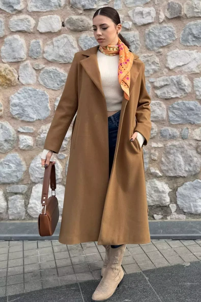 Camel Kadın Astarlı Kuşaklı Kaşe Kaban - 2
