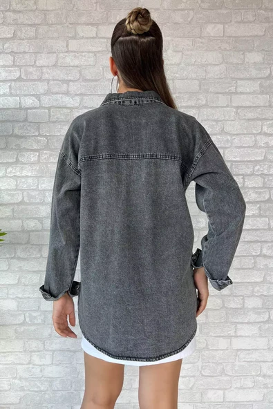 Antrasit Çift Cepli Taşlı Kot Jean Ceket - 3