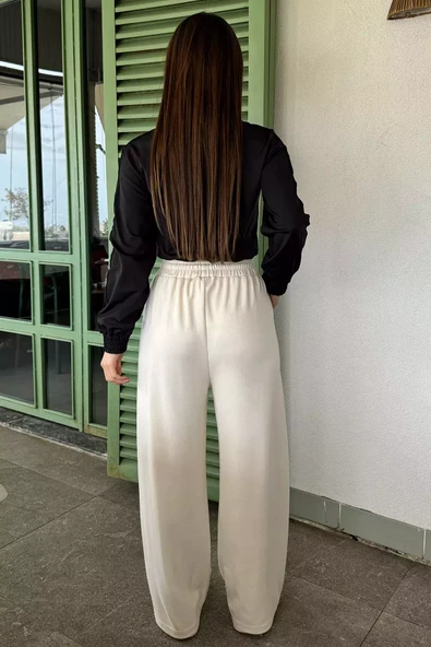 Taş Kadın Yüksek Bel Yazı Baskılı Çimalı Bol Paça Pantolon - 4