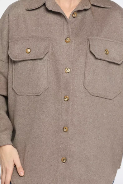 Vizon Kadın Oversize Kaşe Gömlek Ceket - 4