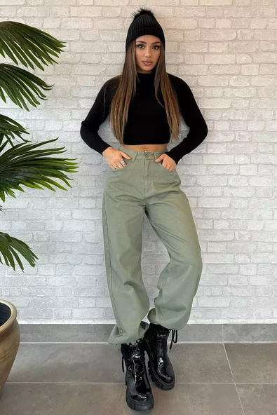 Haki Arkası Tokalı Kadın Gabardin Pantolon - 2