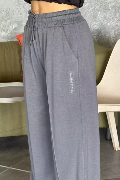 Füme Kadın Yüksek Bel Yazı Baskılı Çimalı Bol Paça Pantolon - 3