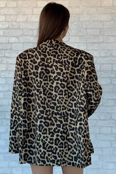 Leopar Desen Kadın Leopar Desen Oversize Astarlı Blazer Ceket - 4