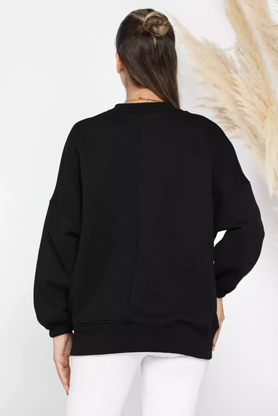 Siyah Kadın Şardonlu Üç İplik Sweatshirt - 3
