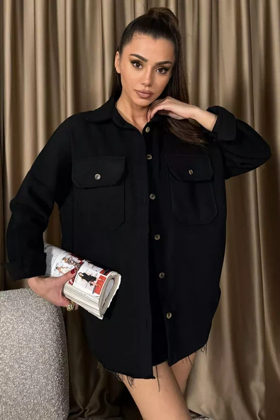 Siyah Kadın Oversize Kaşe Gömlek Ceket - 1