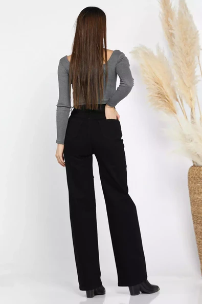 Siyah Kadın Yüksek Bel Püskül Detaylı Bol Paça Kot Jean Pantolon - 3
