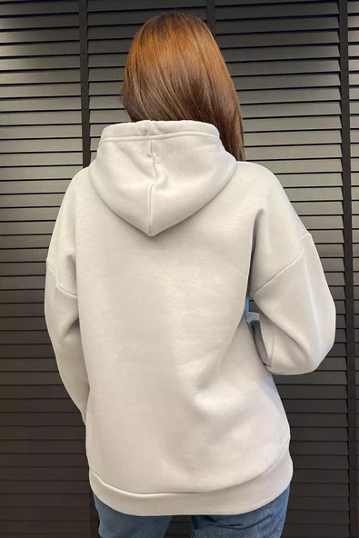 Gri Kapüşonlu Üç İplik Şardonlu Kadın Sweatshirt - 4