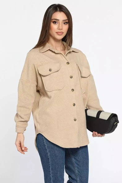 Açıkbej Kadın Oversize Kaşe Gömlek Ceket - 2