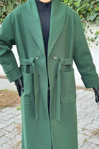 Zümrüt Yeşili Astarlı Bel Kuşaklı Kadın Kaşe Kaban - 3