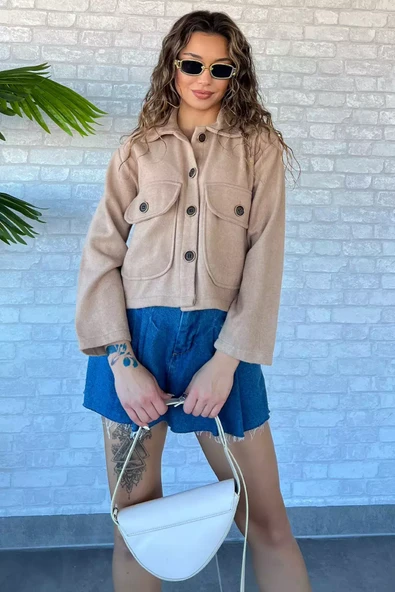 Bej Çift Cepli Crop Top Kaşe Mont - 2