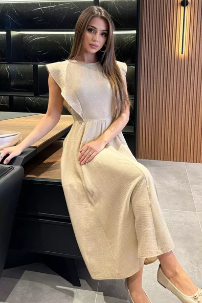 Bej Kadın Bisiklet Yaka Kiloş Elbise - 2