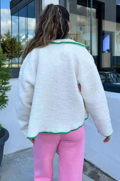 Kremyeşil Kadın Ön Çıtçıtlı Peluş Mont - 4
