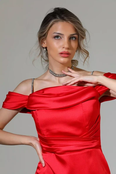 Kırmızı Mişhar İtalia Kadın Ön Drapeli Midi Boy Saten Abiye Elbise - 6