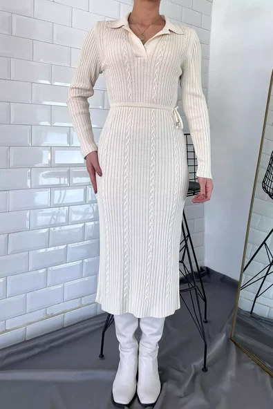 Ekru Kadın Polo Yaka Bel Bağlamalı Uzun Triko Elbise - 3