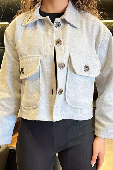 Gri Çift Cepli Crop Top Kaşe Mont - 3