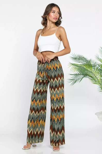 Haki Kadın Desenli Bol Paça Pantolon - 2