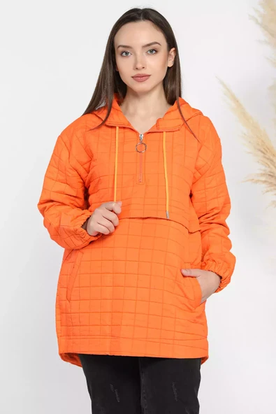 Orange Kapüşonlu Yarım Fermuarlı Kapitoneli Mevsimlik Mont - 2