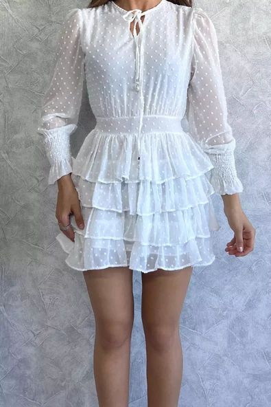 Krem Kadın Yaka Bağlama Detaylı Ponponlu Şifon Mini Elbise - 3